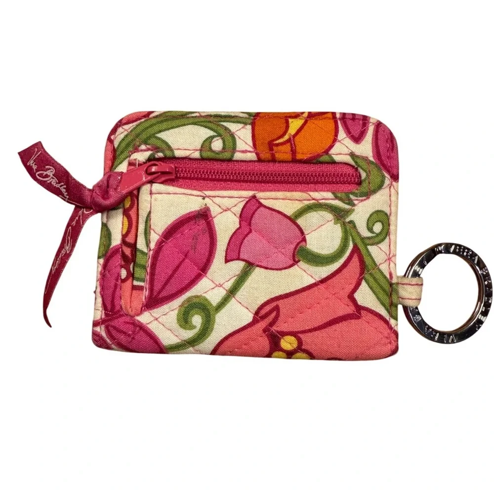 Vera Bradley Zip ID Case Floral Quilted Cotton Wallet Key Ring Pink Orange